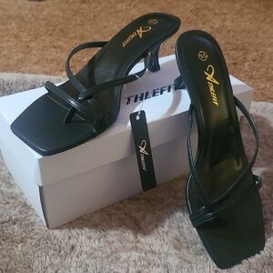 Athlefit Black Strappy Square-Toe Kitten Heel Sandal